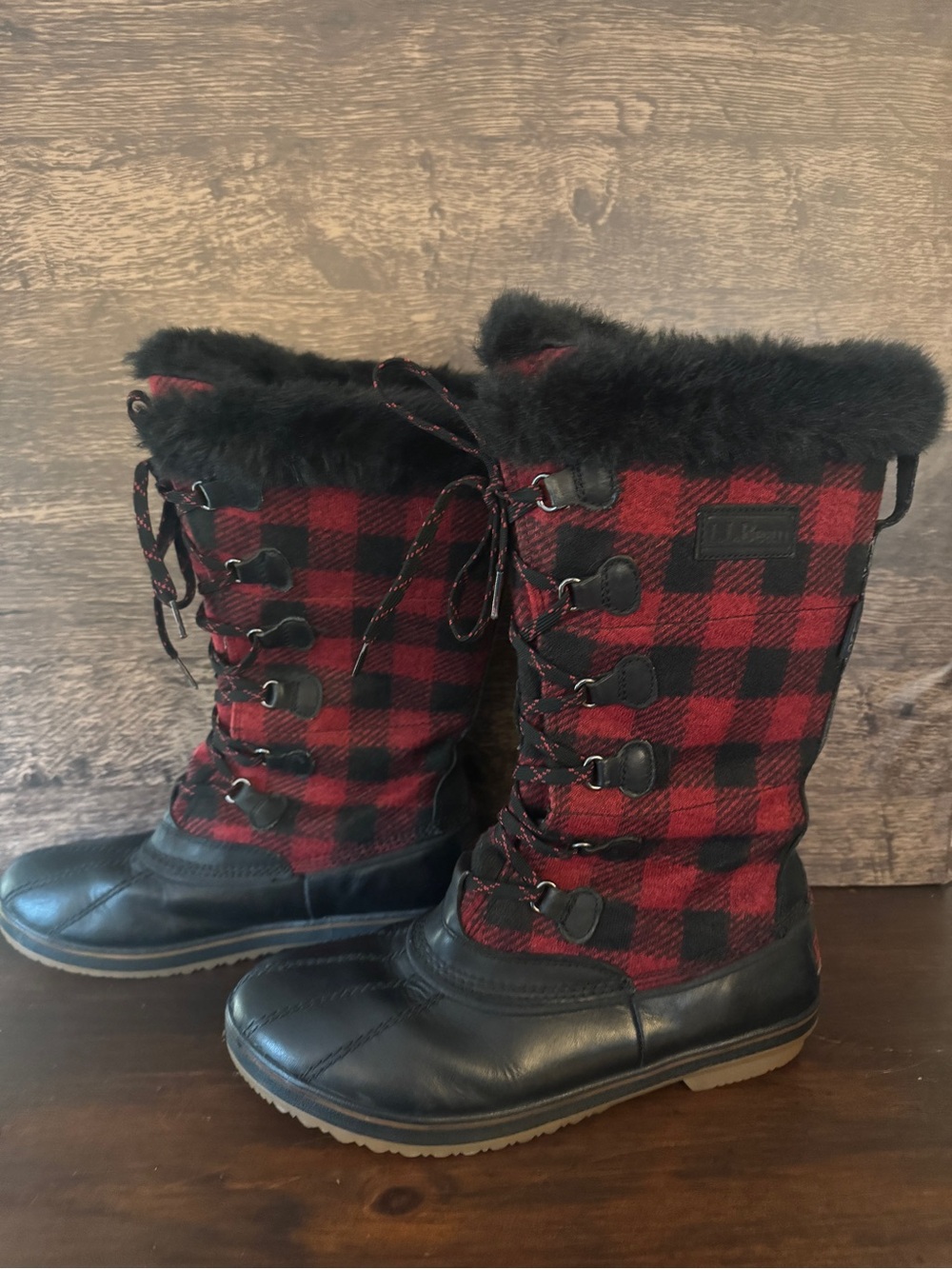 LL Bean Women's Red & Black Buffalo Plaid Rangeley Pac Boots Tall
